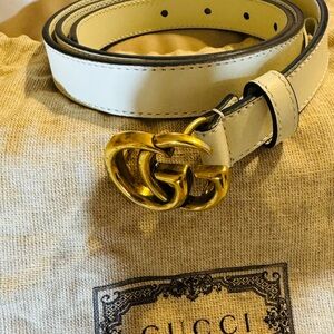 Gucci GG Marmont Cream Leather Belt with Gold Buckle